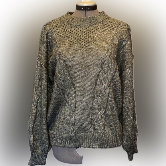 Lauren Conrad | Metallic Cable Knit Sweater | Green Shimmer Pullover | Size L - Picture 3 of 11